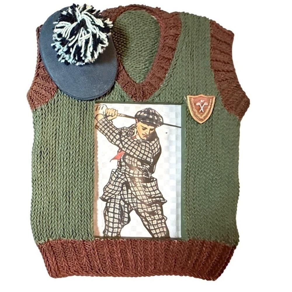 Hand Painted Golf Sweater Vest Picture Frame Green Brown Vintage Style Gift